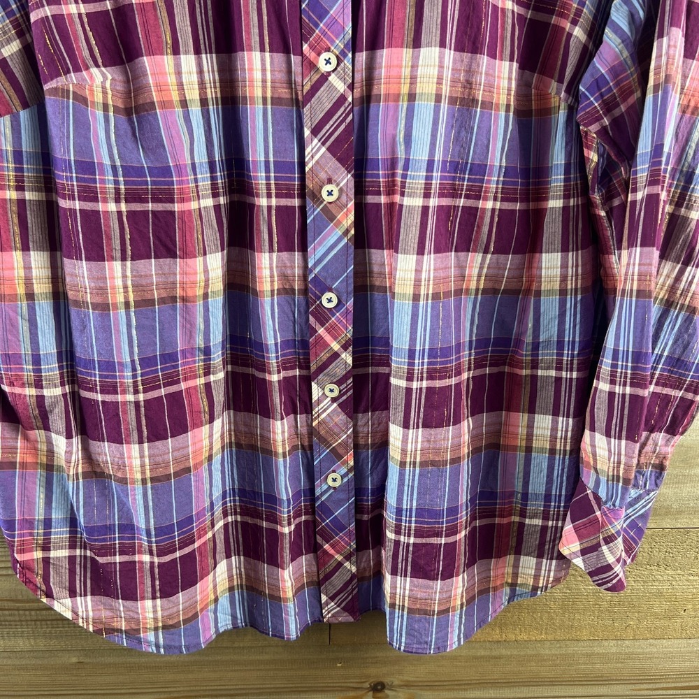 Talbots Womens Shirt Long Sleeve Button Up Plaid Metallic Lightweight Cotton 2X - Picture 3 of 8
